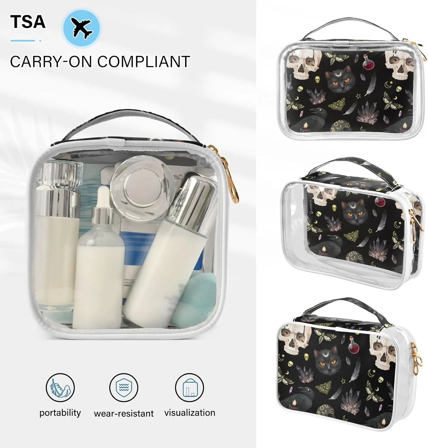 MNSRUU Clear Makeup Bags Goth Skull Moth Toiletry Bag for Women 2 PCS Waterproof Clear Bags Clear Travel Toiletry Bag Small Cosmetic Makeup Bag, Carry on Airport Airline Compliant Bag