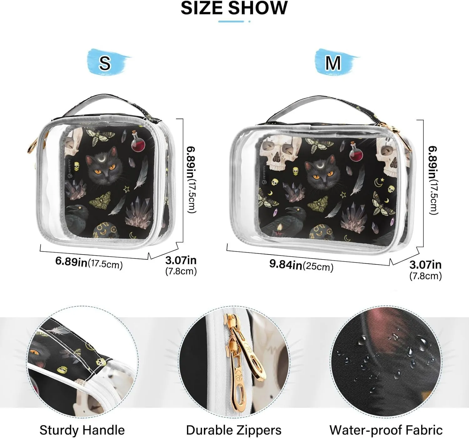 MNSRUU Clear Makeup Bags Goth Skull Moth Toiletry Bag for Women 2 PCS Waterproof Clear Bags Clear Travel Toiletry Bag Small Cosmetic Makeup Bag, Carry on Airport Airline Compliant Bag