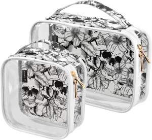 MNSRUU Clear Makeup Bags Goth Skull White Toiletry Bag for Women 2 PCS Waterproof Clear Bags Clear Travel Toiletry Bag Small Cosmetic Makeup Bag, Carry on Airport Airline Compliant Bag