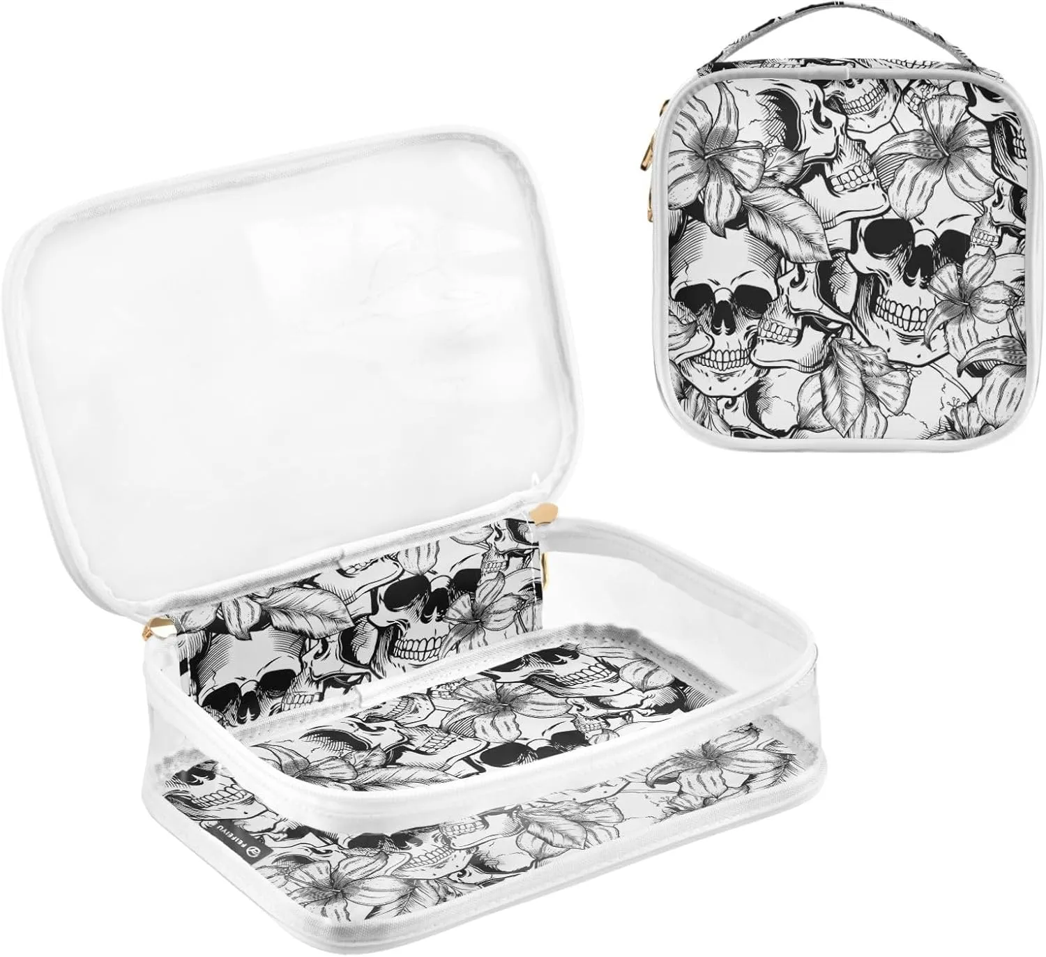 MNSRUU Clear Makeup Bags Goth Skull White Toiletry Bag for Women 2 PCS Waterproof Clear Bags Clear Travel Toiletry Bag Small Cosmetic Makeup Bag, Carry on Airport Airline Compliant Bag