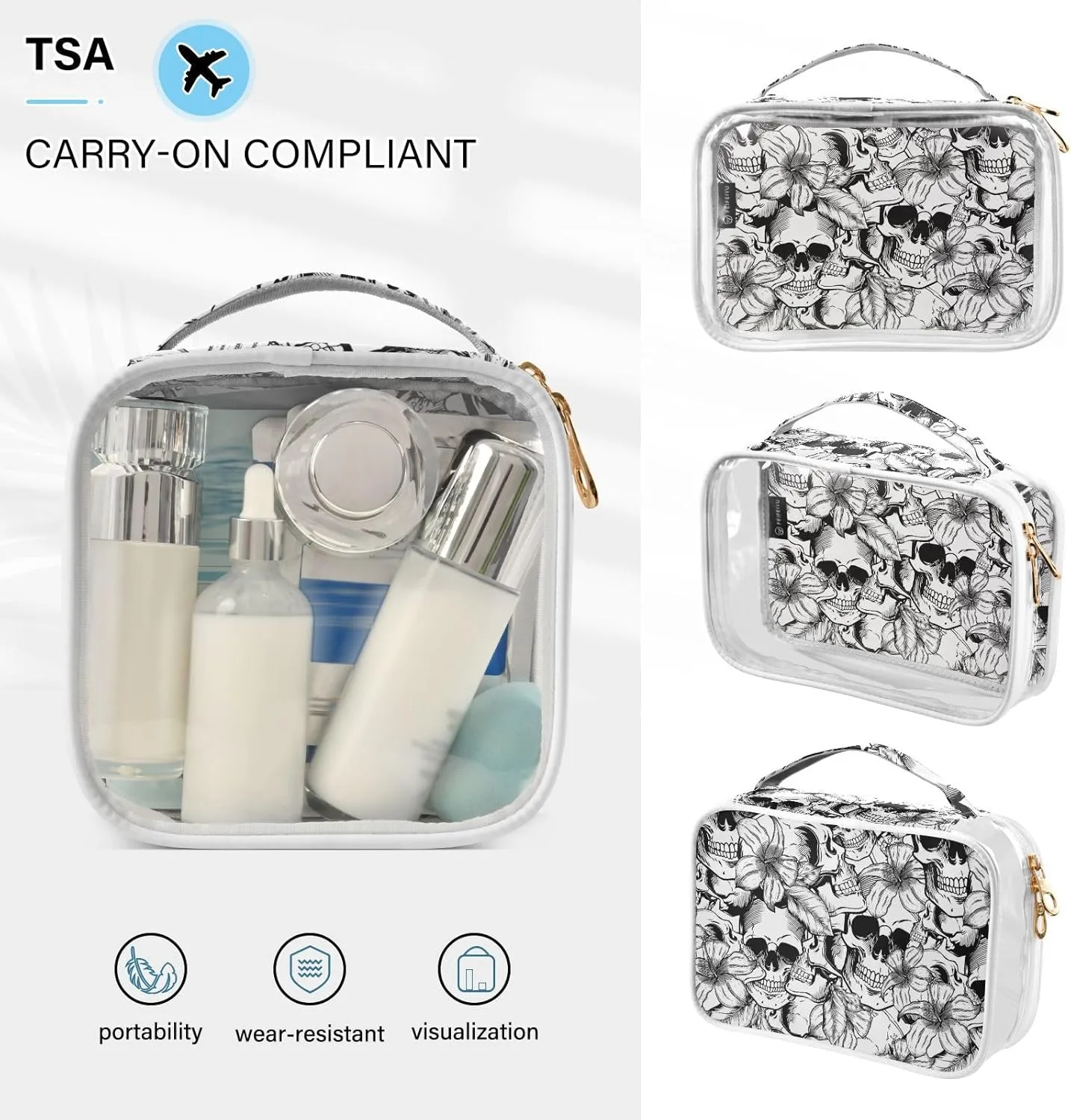 MNSRUU Clear Makeup Bags Goth Skull White Toiletry Bag for Women 2 PCS Waterproof Clear Bags Clear Travel Toiletry Bag Small Cosmetic Makeup Bag, Carry on Airport Airline Compliant Bag
