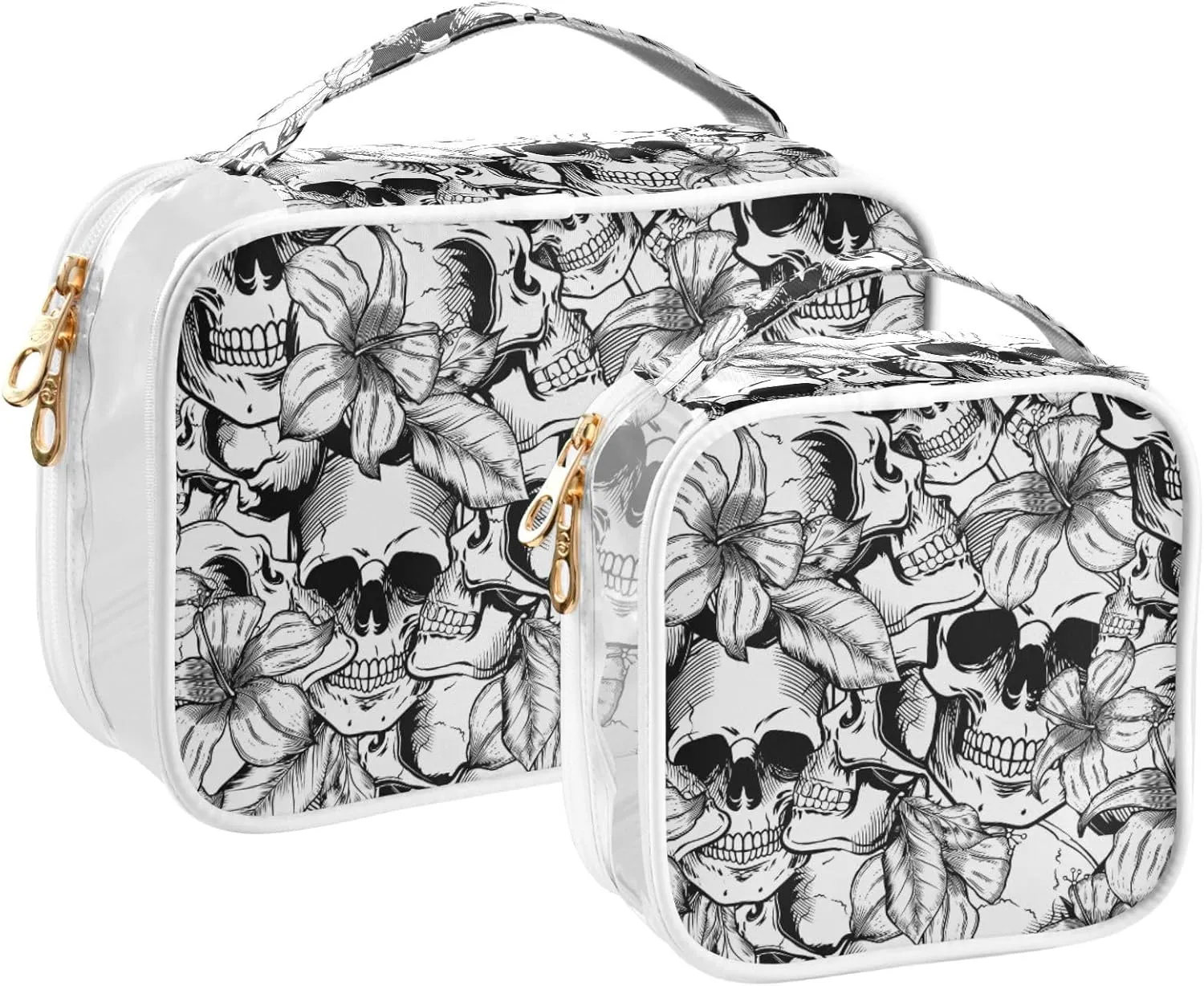 MNSRUU Clear Makeup Bags Goth Skull White Toiletry Bag for Women 2 PCS Waterproof Clear Bags Clear Travel Toiletry Bag Small Cosmetic Makeup Bag, Carry on Airport Airline Compliant Bag