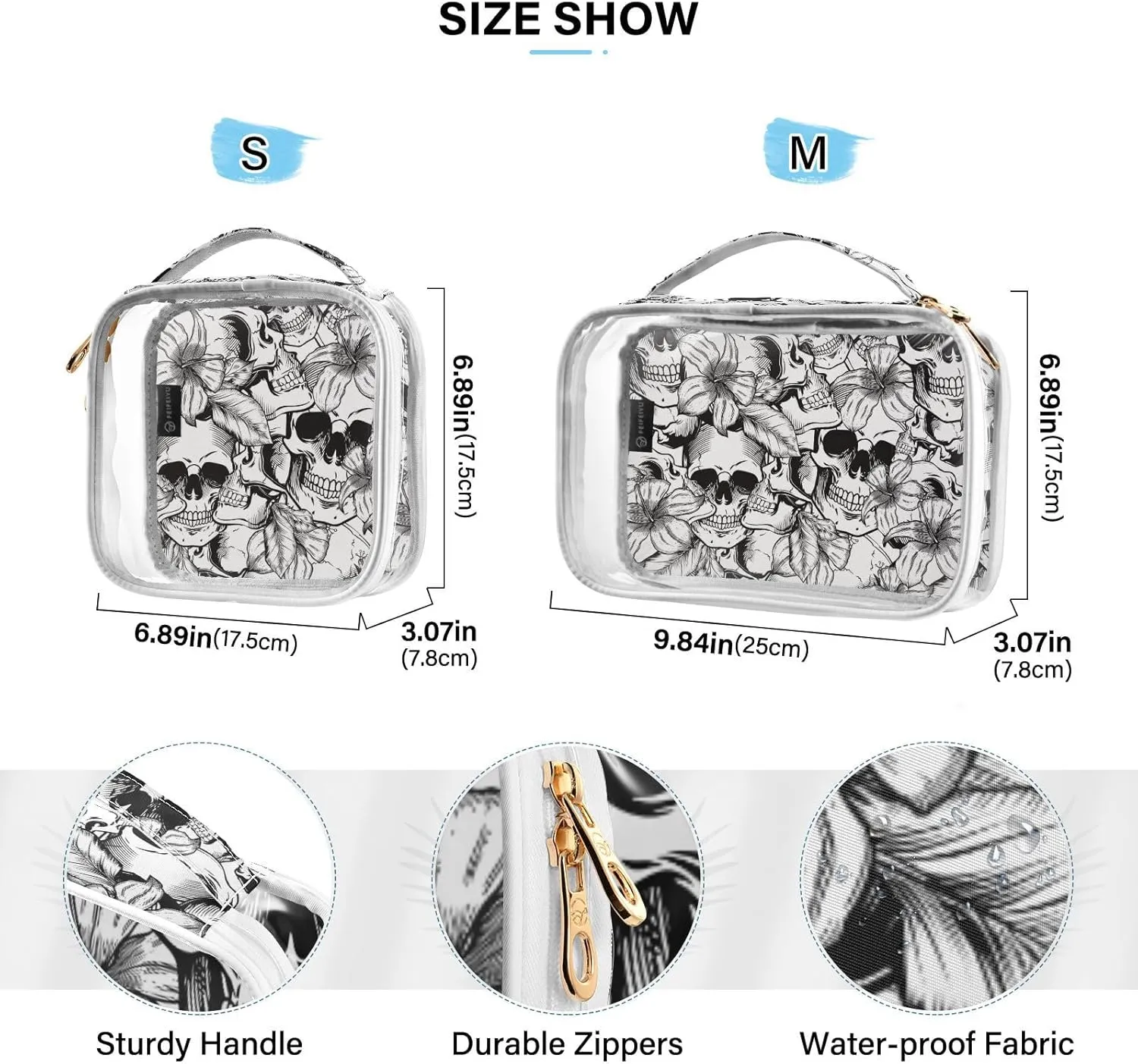 MNSRUU Clear Makeup Bags Goth Skull White Toiletry Bag for Women 2 PCS Waterproof Clear Bags Clear Travel Toiletry Bag Small Cosmetic Makeup Bag, Carry on Airport Airline Compliant Bag