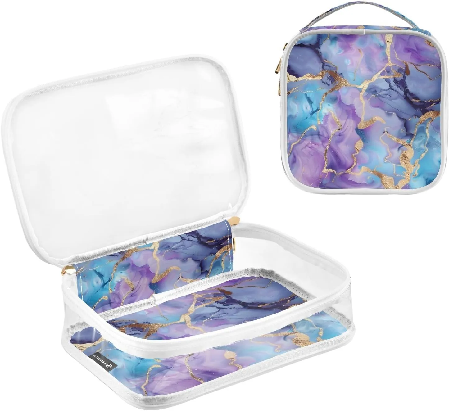 MNSRUU Clear Makeup Bags Marble Watercolor Blue Purple Toiletry Bag for Women 2 PCS Waterproof Clear Bags Clear Travel Toiletry Bag Small Cosmetic Makeup Bag, Carry on Airport Airline Compliant Bag