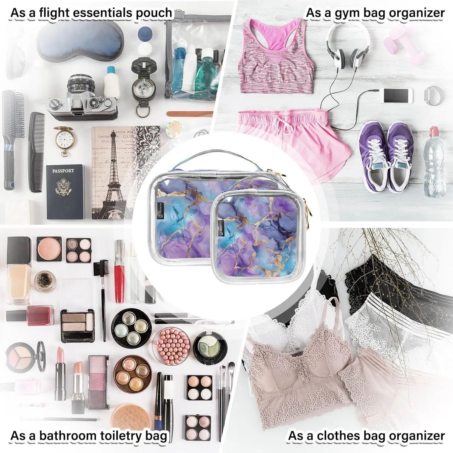 MNSRUU Clear Makeup Bags Marble Watercolor Blue Purple Toiletry Bag for Women 2 PCS Waterproof Clear Bags Clear Travel Toiletry Bag Small Cosmetic Makeup Bag, Carry on Airport Airline Compliant Bag