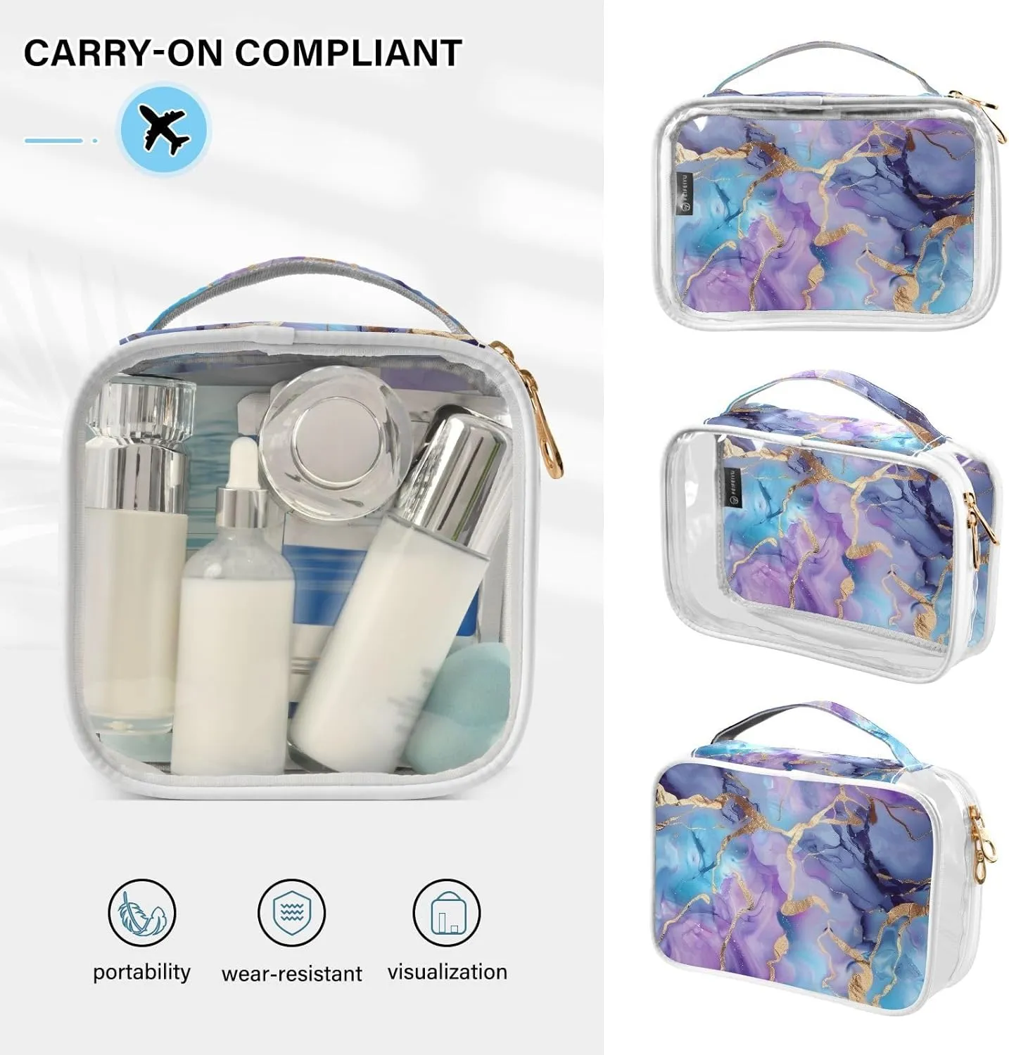 MNSRUU Clear Makeup Bags Marble Watercolor Blue Purple Toiletry Bag for Women 2 PCS Waterproof Clear Bags Clear Travel Toiletry Bag Small Cosmetic Makeup Bag, Carry on Airport Airline Compliant Bag