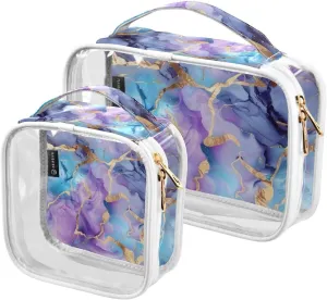 MNSRUU Clear Makeup Bags Marble Watercolor Blue Purple Toiletry Bag for Women 2 PCS Waterproof Clear Bags Clear Travel Toiletry Bag Small Cosmetic Makeup Bag, Carry on Airport Airline Compliant Bag