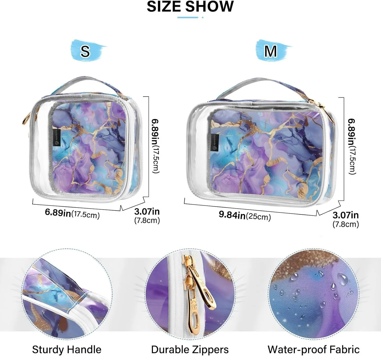 MNSRUU Clear Makeup Bags Marble Watercolor Blue Purple Toiletry Bag for Women 2 PCS Waterproof Clear Bags Clear Travel Toiletry Bag Small Cosmetic Makeup Bag, Carry on Airport Airline Compliant Bag
