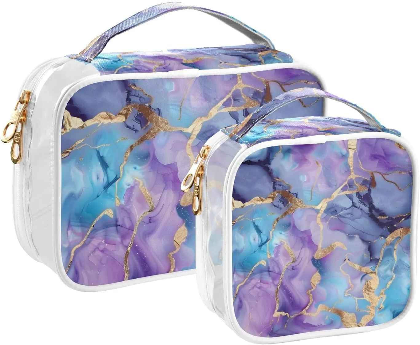 MNSRUU Clear Makeup Bags Marble Watercolor Blue Purple Toiletry Bag for Women 2 PCS Waterproof Clear Bags Clear Travel Toiletry Bag Small Cosmetic Makeup Bag, Carry on Airport Airline Compliant Bag