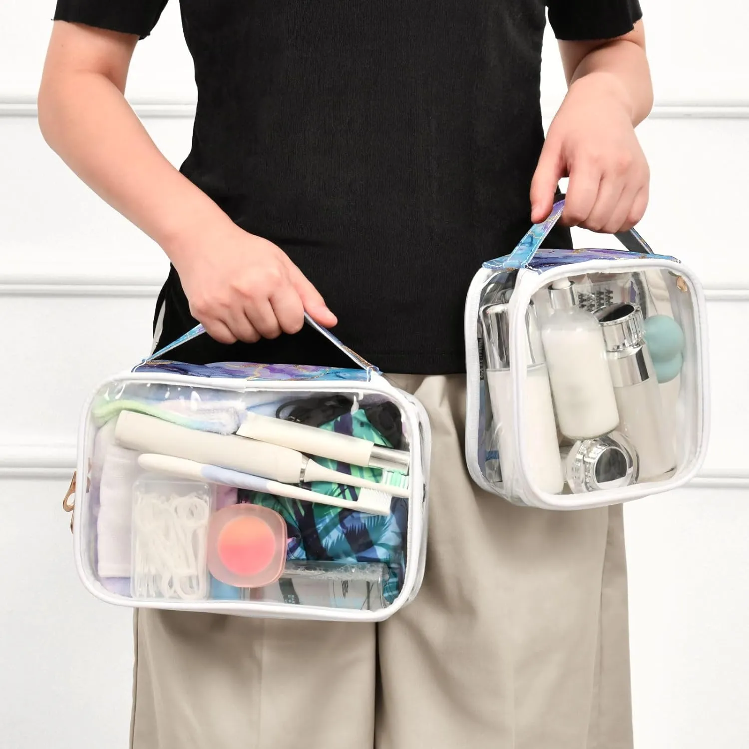 MNSRUU Clear Makeup Bags Marble Watercolor Blue Purple Toiletry Bag for Women 2 PCS Waterproof Clear Bags Clear Travel Toiletry Bag Small Cosmetic Makeup Bag, Carry on Airport Airline Compliant Bag