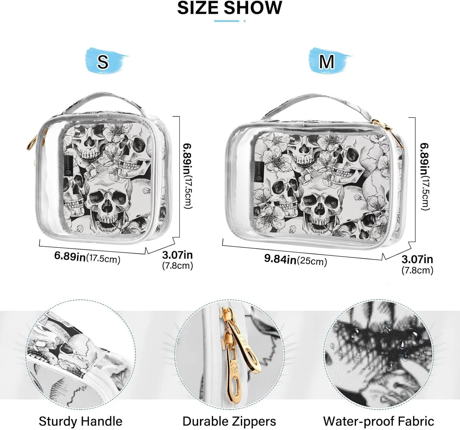 MNSRUU Clear Makeup Bags Skull Floral Toiletry Bag for Women 2 PCS Waterproof Clear Bags Clear Travel Toiletry Bag Small Cosmetic Makeup Bag, Carry on Airport Airline Compliant Bag