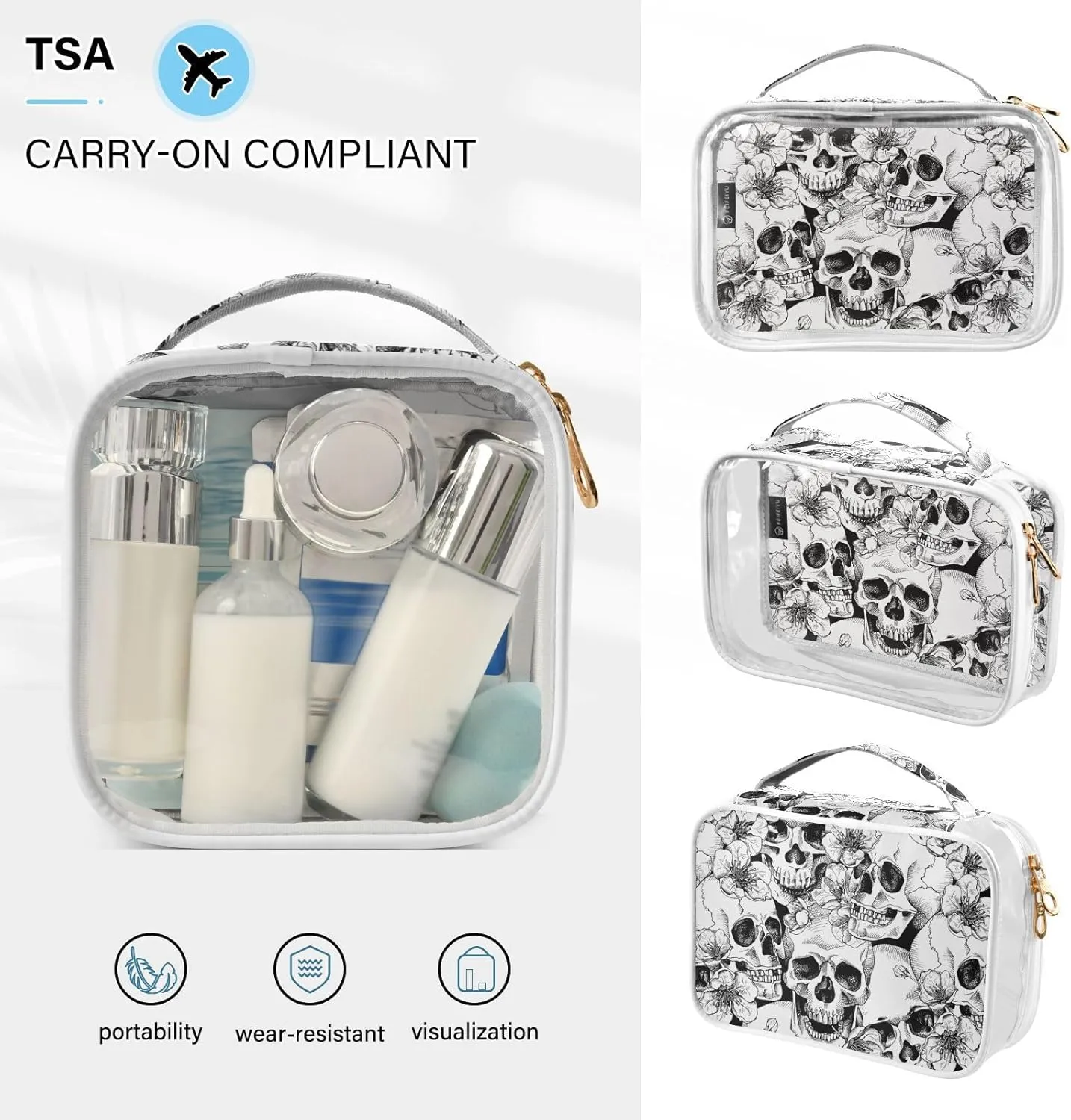 MNSRUU Clear Makeup Bags Skull Floral Toiletry Bag for Women 2 PCS Waterproof Clear Bags Clear Travel Toiletry Bag Small Cosmetic Makeup Bag, Carry on Airport Airline Compliant Bag