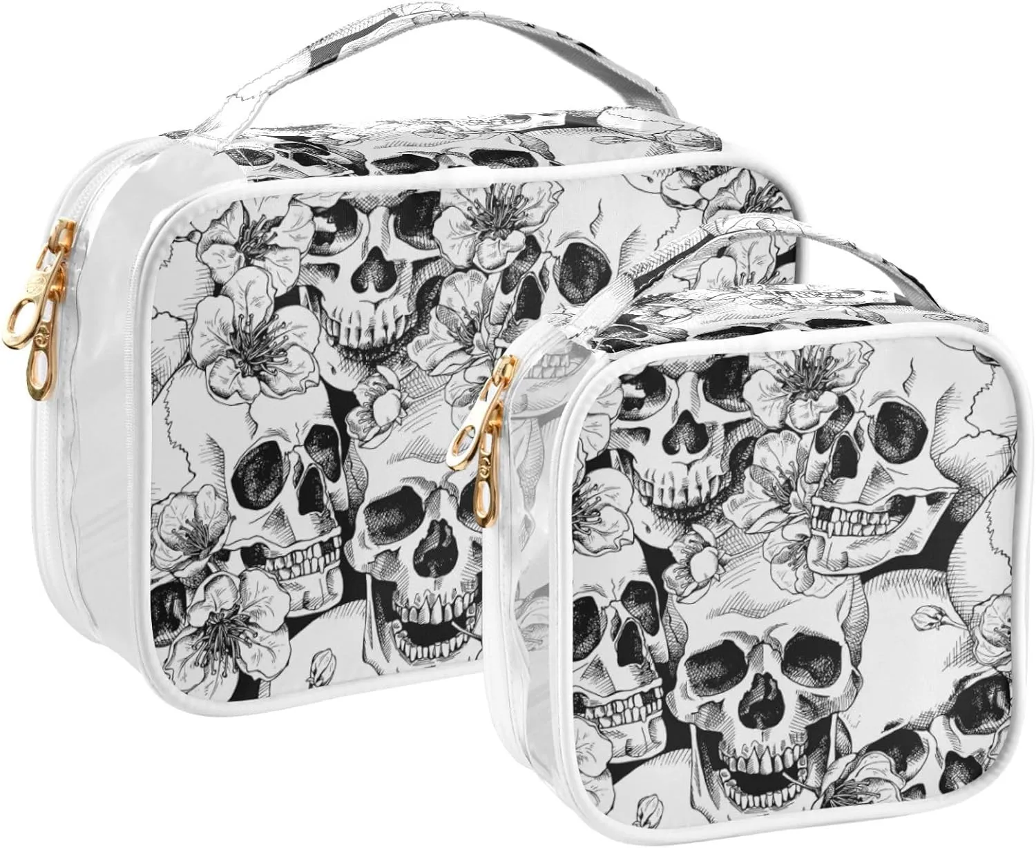 MNSRUU Clear Makeup Bags Skull Floral Toiletry Bag for Women 2 PCS Waterproof Clear Bags Clear Travel Toiletry Bag Small Cosmetic Makeup Bag, Carry on Airport Airline Compliant Bag