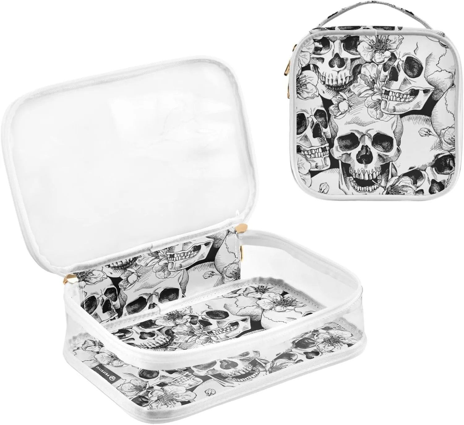 MNSRUU Clear Makeup Bags Skull Floral Toiletry Bag for Women 2 PCS Waterproof Clear Bags Clear Travel Toiletry Bag Small Cosmetic Makeup Bag, Carry on Airport Airline Compliant Bag