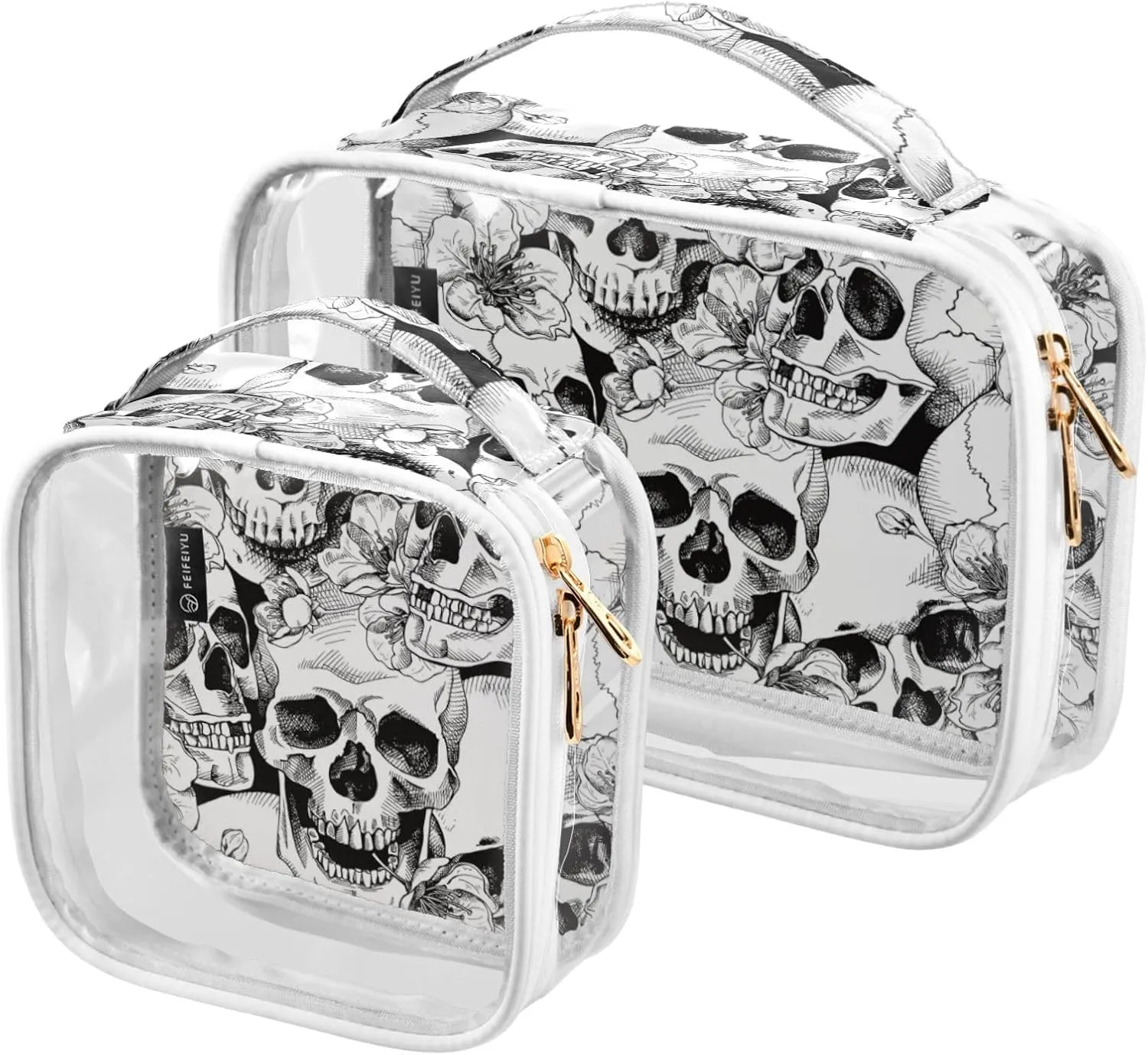 MNSRUU Clear Makeup Bags Skull Floral Toiletry Bag for Women 2 PCS Waterproof Clear Bags Clear Travel Toiletry Bag Small Cosmetic Makeup Bag, Carry on Airport Airline Compliant Bag