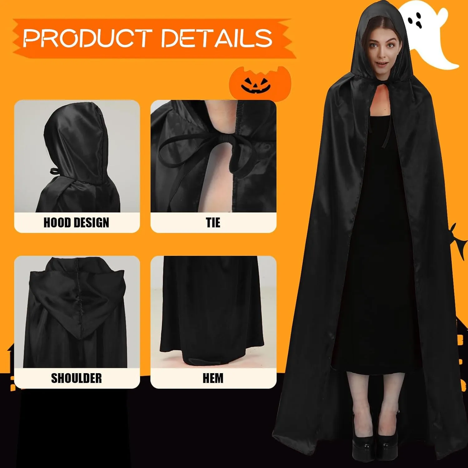 MoDooris Unisex Hooded Cloak Full-Length Halloween Cosplay Costumes Cape Robe Vampire Witch Costume Accessories,43" to 65.7"