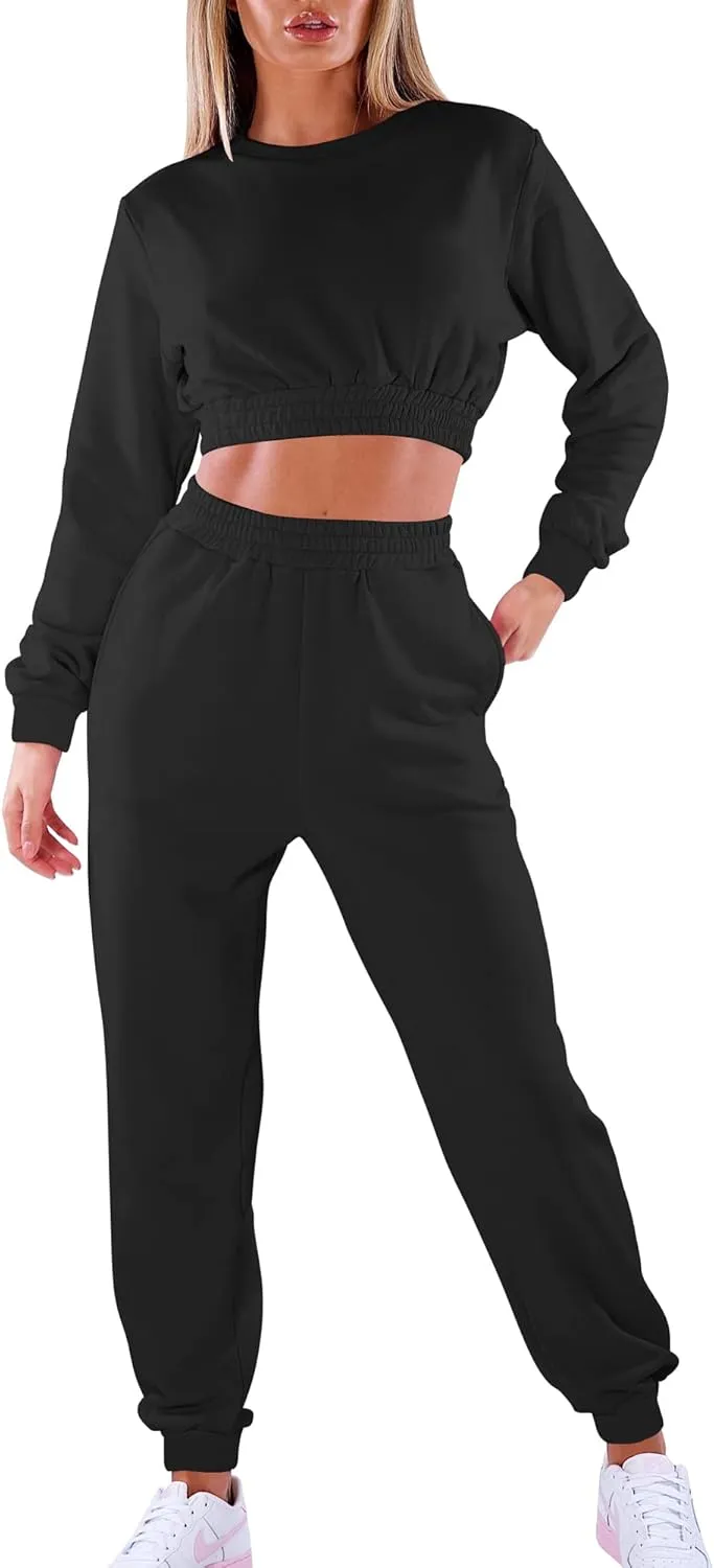 Mokoru Women's Workout 2 Piece Outfits Tracksuit Long Sleeve Crop Tops Joggers Pants Sets Sweatsuits
