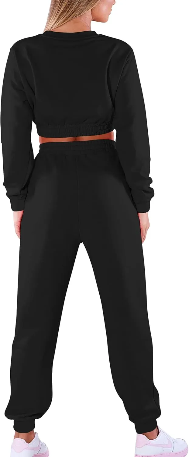 Mokoru Women's Workout 2 Piece Outfits Tracksuit Long Sleeve Crop Tops Joggers Pants Sets Sweatsuits