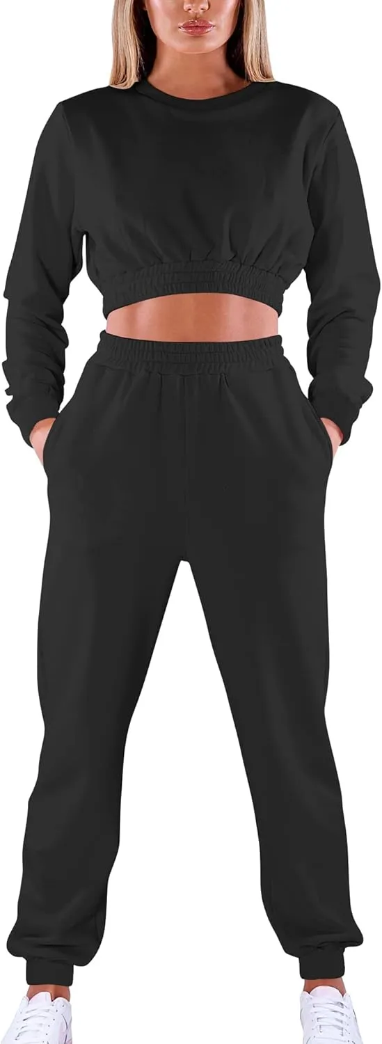 Mokoru Women's Workout 2 Piece Outfits Tracksuit Long Sleeve Crop Tops Joggers Pants Sets Sweatsuits