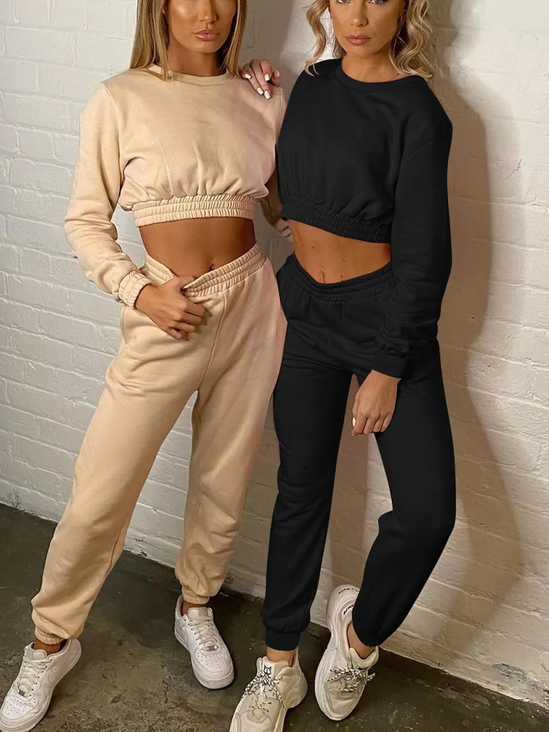 Mokoru Women's Workout 2 Piece Outfits Tracksuit Long Sleeve Crop Tops Joggers Pants Sets Sweatsuits