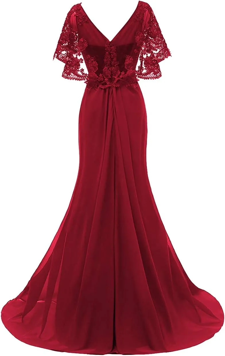 Mother of The Bride Dresses Long Prom Evening Gowns Mermaid Wedding Dress Lace Cloak Ruffles
