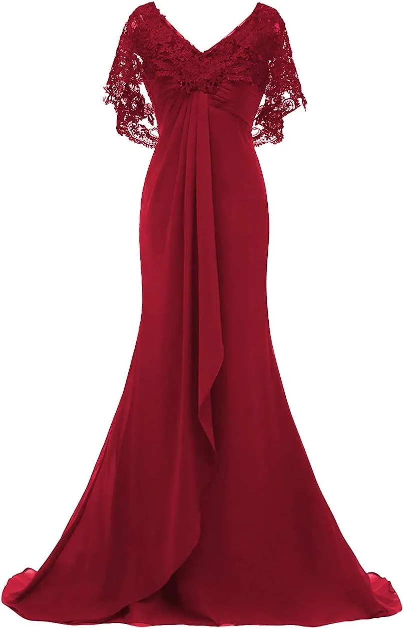 Mother of The Bride Dresses Long Prom Evening Gowns Mermaid Wedding Dress Lace Cloak Ruffles