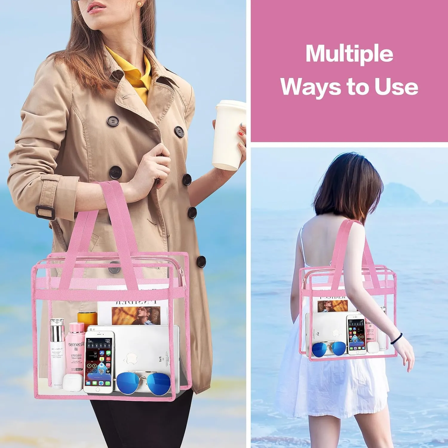 NATURAL STYLE 2 Pieces Clear Beach Tote Bags, Clear Travel Tote Bag, Stadium Approved Bag