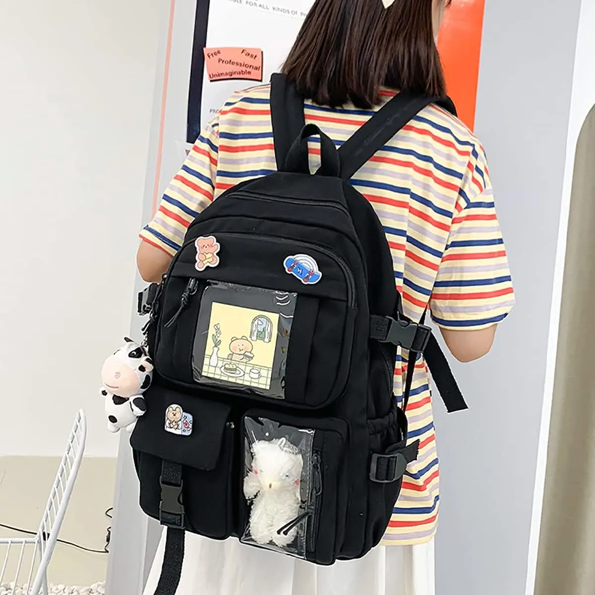 New Aesthetic Backpack Kawaii Backpack with Badge Pins Keychain Pendant Light Weight Travel Backpack