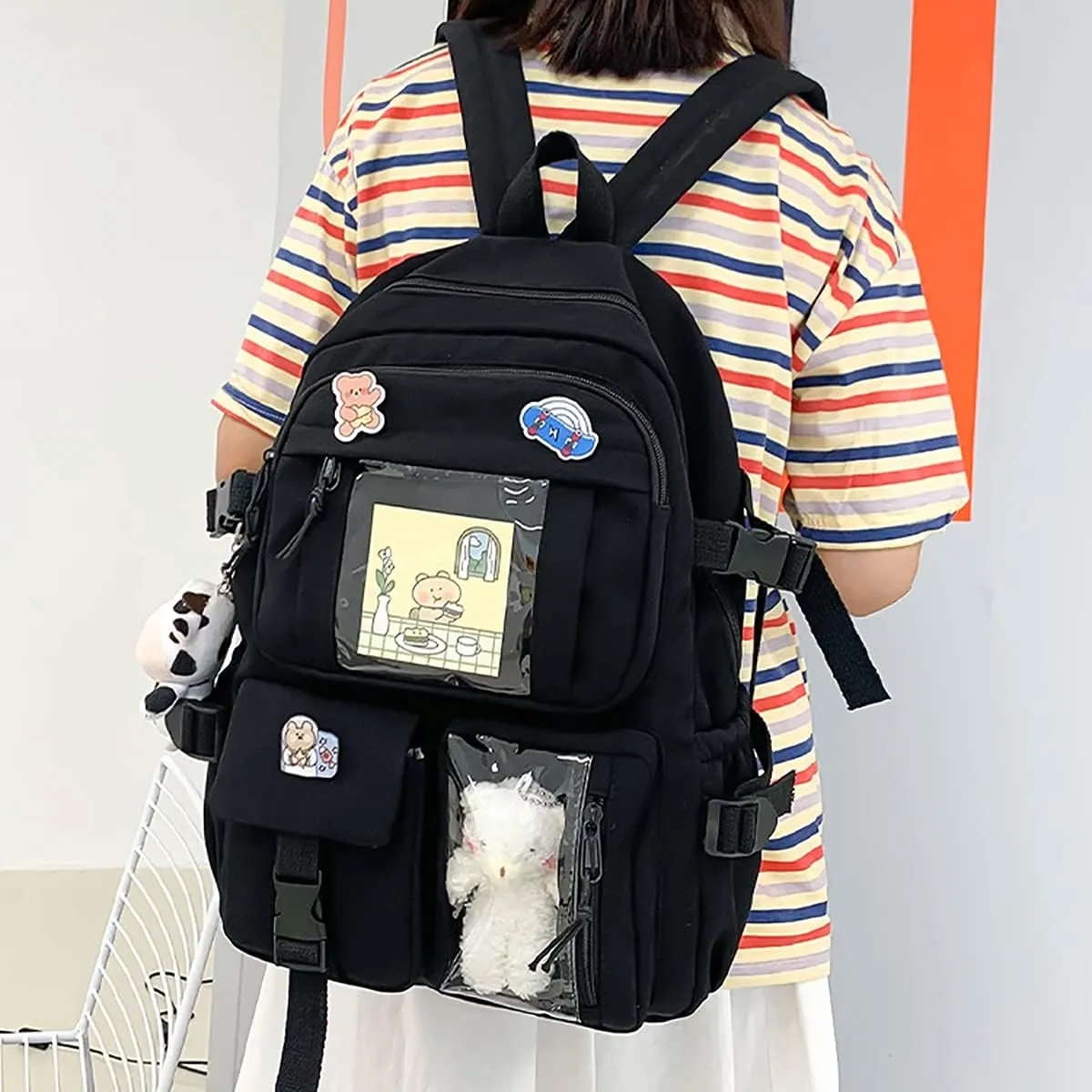 New Aesthetic Backpack Kawaii Backpack with Badge Pins Keychain Pendant Light Weight Travel Backpack