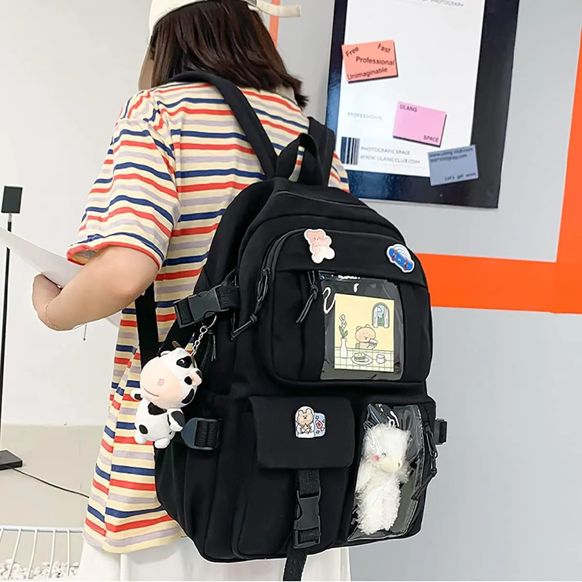 New Aesthetic Backpack Kawaii Backpack with Badge Pins Keychain Pendant Light Weight Travel Backpack