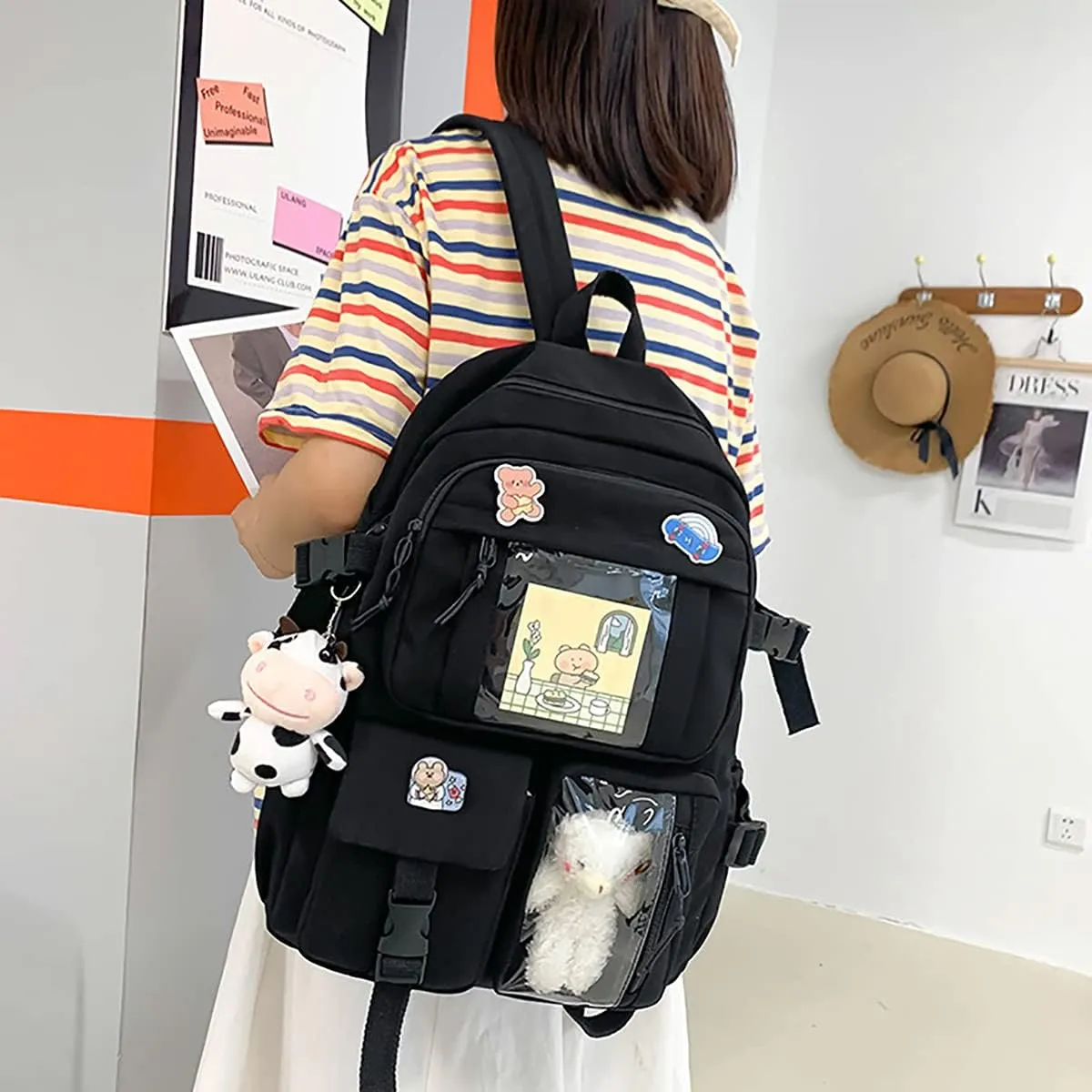 New Aesthetic Backpack Kawaii Backpack with Badge Pins Keychain Pendant Light Weight Travel Backpack