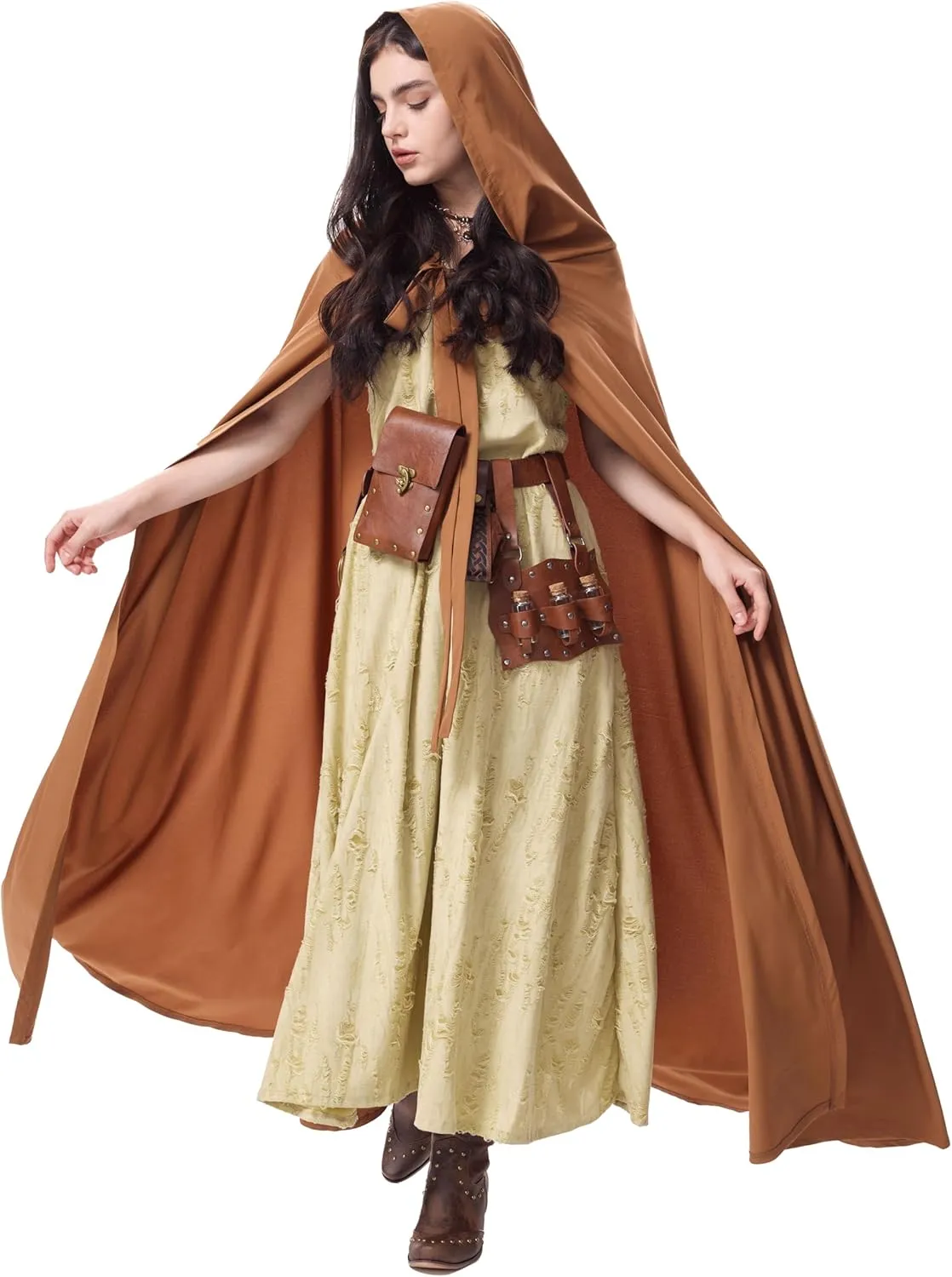 nezababycos Renaissance Costume Women Medieval Dress Hooded Cloak Leather Accessories Ren Faire Post Apocalyptic Outfit