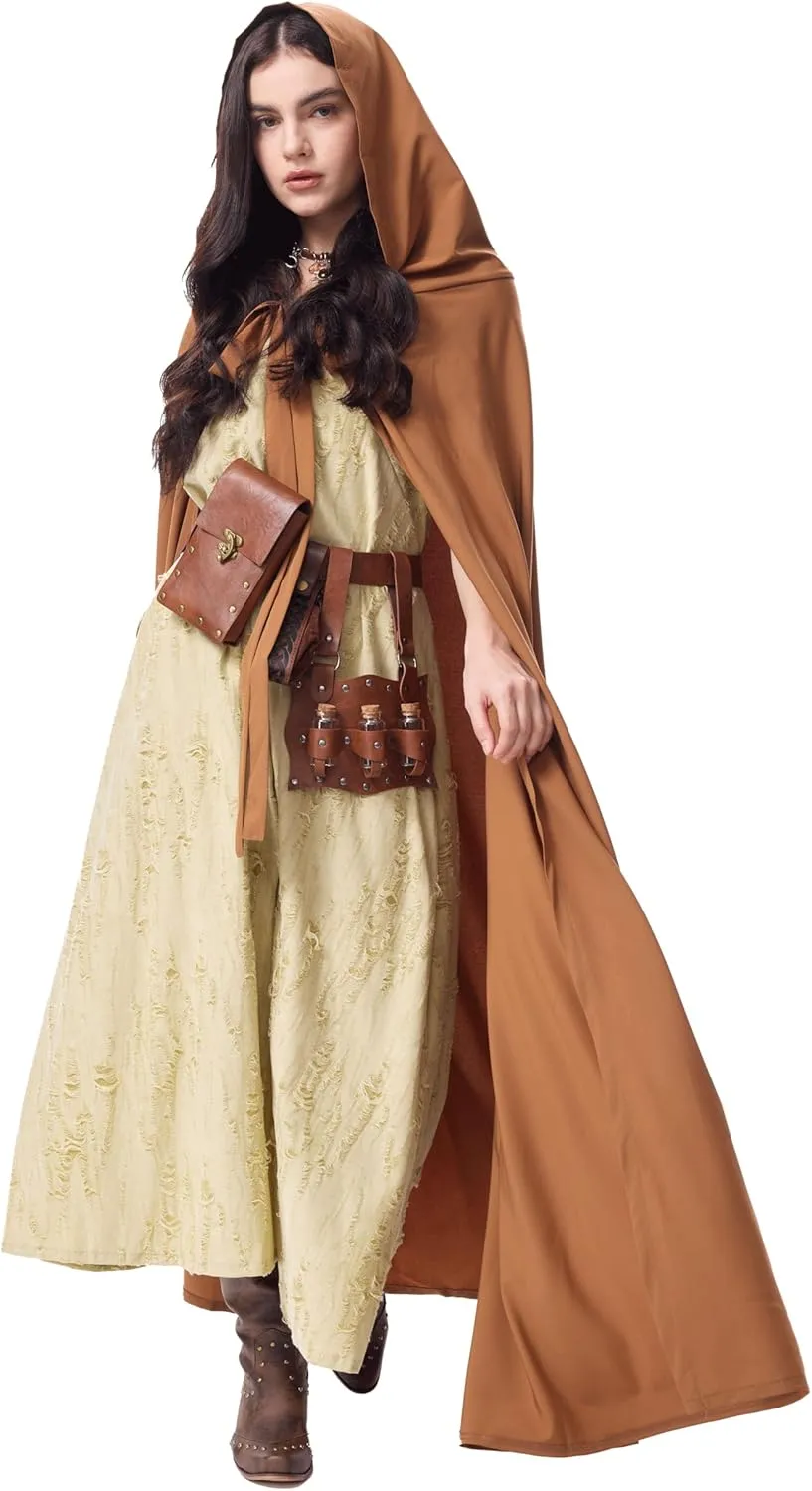 nezababycos Renaissance Costume Women Medieval Dress Hooded Cloak Leather Accessories Ren Faire Post Apocalyptic Outfit
