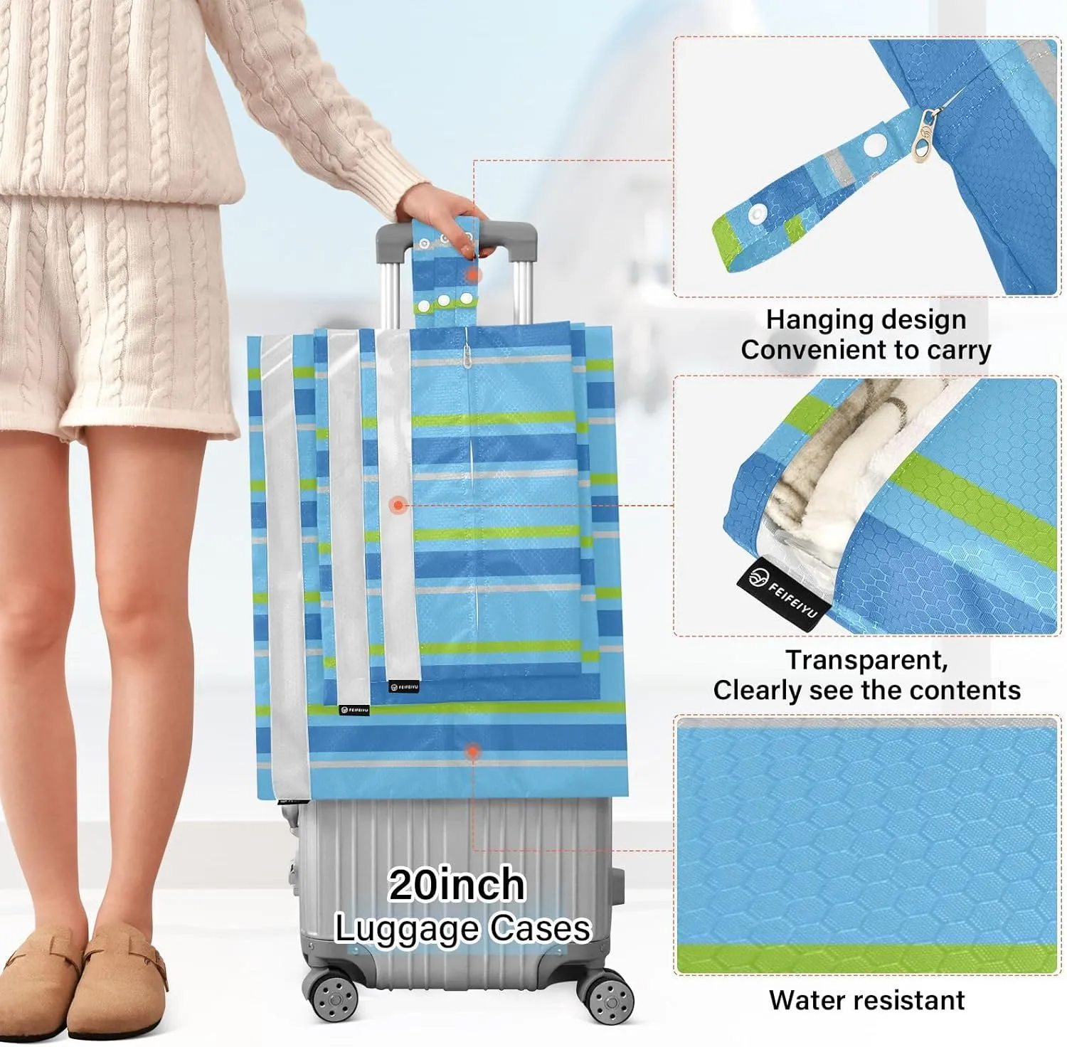 Ocean Stripes 3 Set Travel Packing Cubes For Suitcases, Foldable, Garment Bag Closet Storage, Luggage Space Saver, Luggages Management Personnel