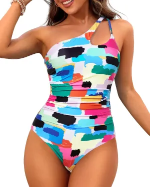 One Shoulder One Piece Swimsuit Tummy Control Bathing Suit for Women Slimming Full Coverage Swimwear