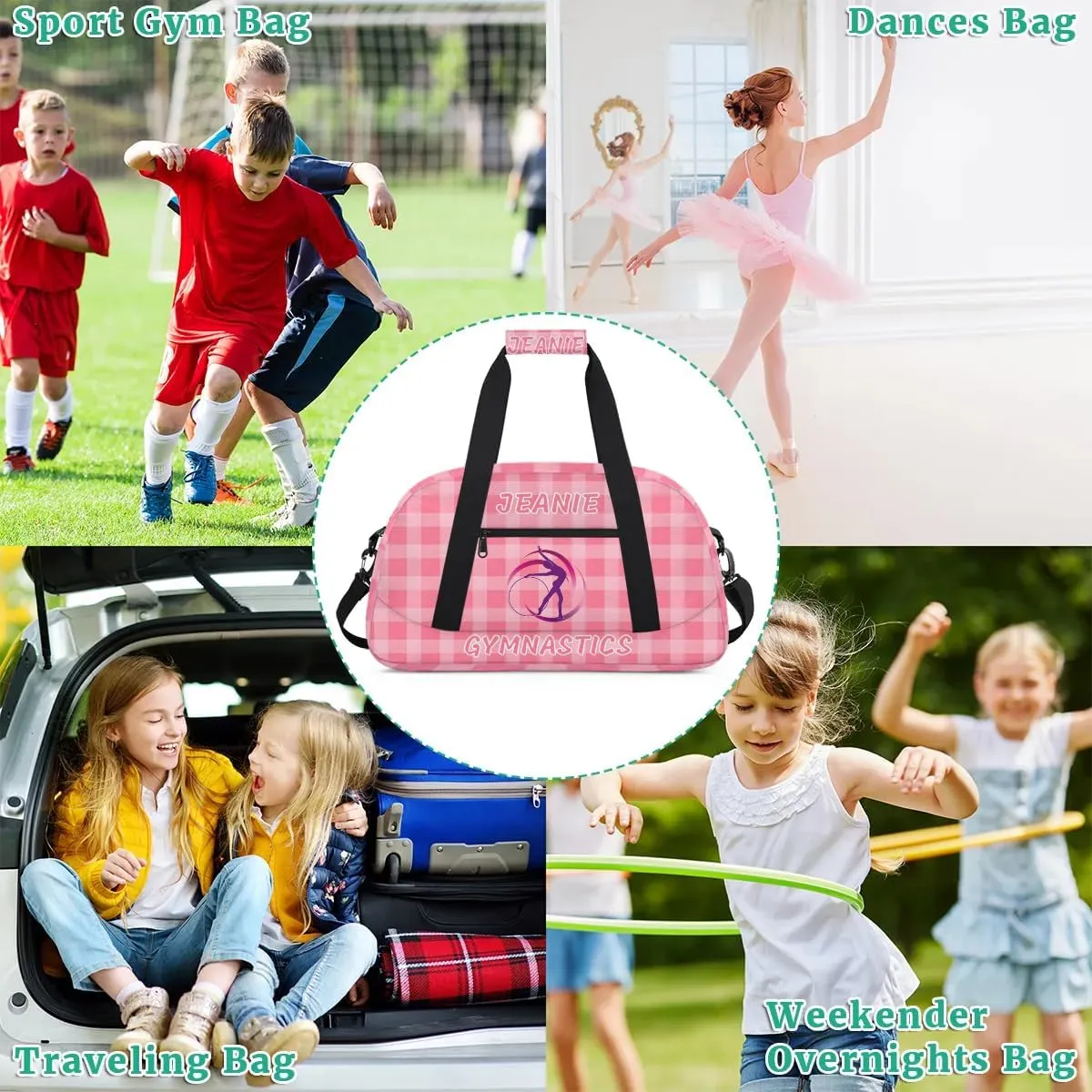 Personalize Kids Gym Duffel Bags with Custom Name & Text Gymnastics Sport Carry-On Garment Shoes Bags Gift for Girls Boys Teens Overnight Weekender Travel Pink Grid 2