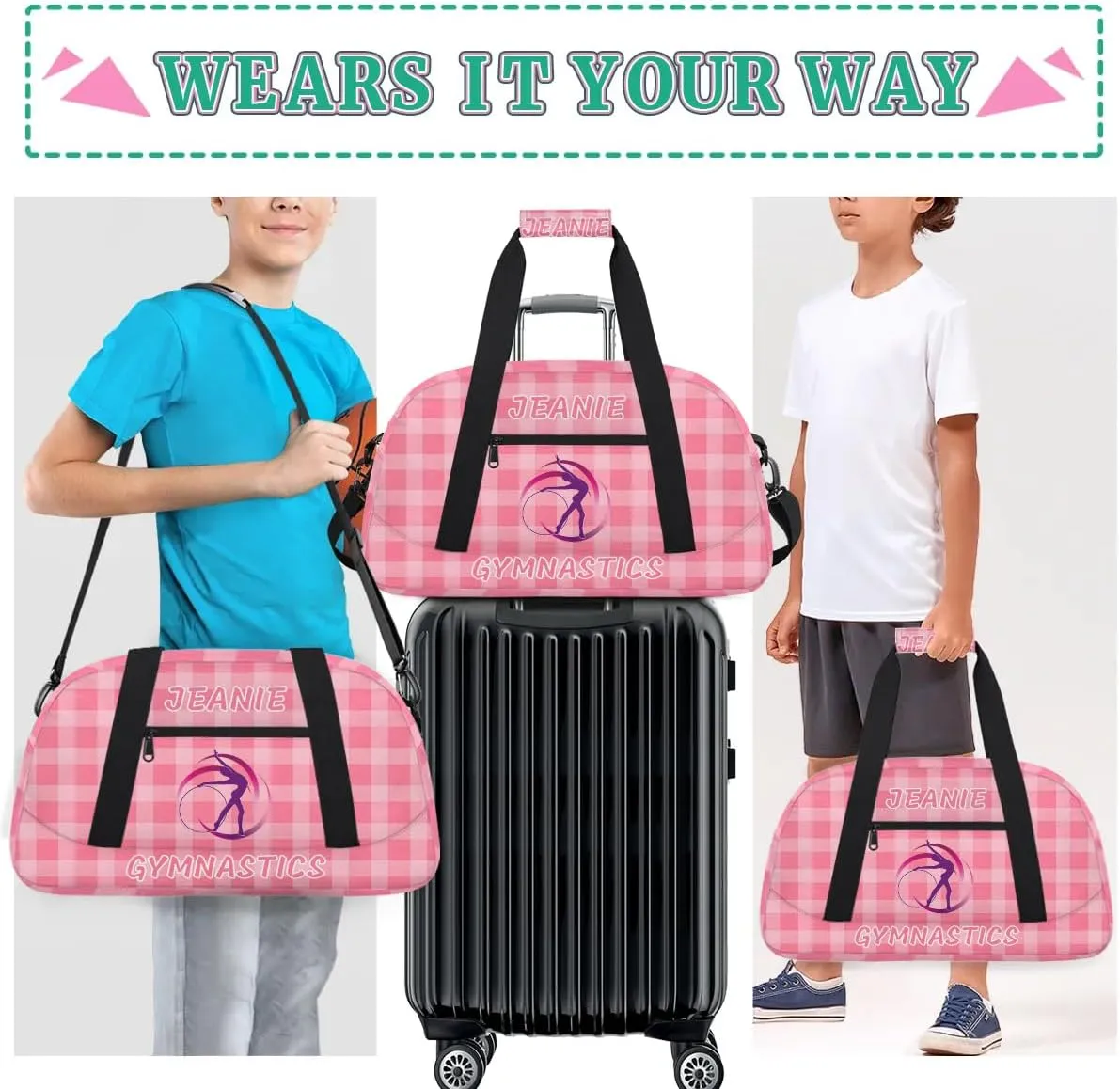 Personalize Kids Gym Duffel Bags with Custom Name & Text Gymnastics Sport Carry-On Garment Shoes Bags Gift for Girls Boys Teens Overnight Weekender Travel Pink Grid 2