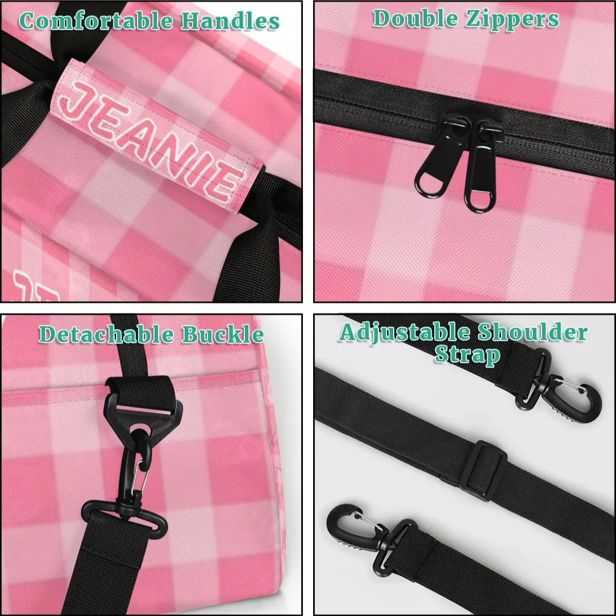 Personalize Kids Gym Duffel Bags with Custom Name & Text Gymnastics Sport Carry-On Garment Shoes Bags Gift for Girls Boys Teens Overnight Weekender Travel Pink Grid 2