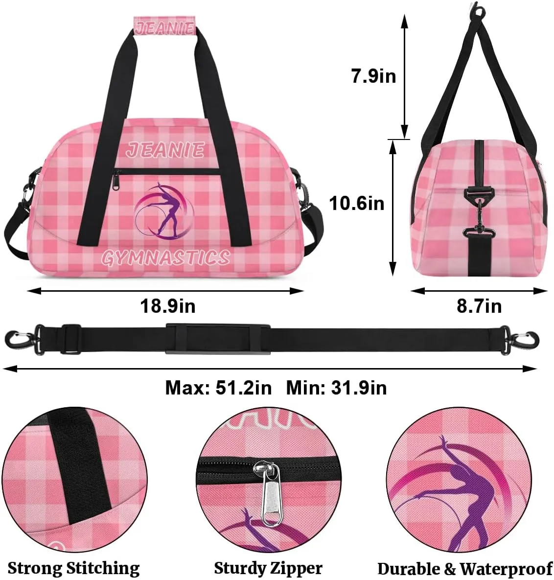 Personalize Kids Gym Duffel Bags with Custom Name & Text Gymnastics Sport Carry-On Garment Shoes Bags Gift for Girls Boys Teens Overnight Weekender Travel Pink Grid 2
