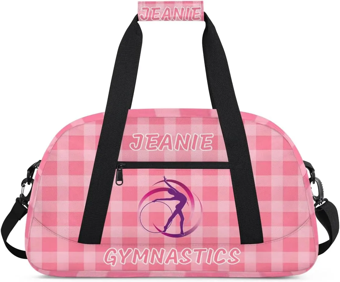 Personalize Kids Gym Duffel Bags with Custom Name & Text Gymnastics Sport Carry-On Garment Shoes Bags Gift for Girls Boys Teens Overnight Weekender Travel Pink Grid 2