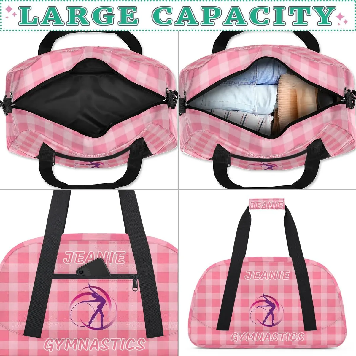 Personalize Kids Gym Duffel Bags with Custom Name & Text Gymnastics Sport Carry-On Garment Shoes Bags Gift for Girls Boys Teens Overnight Weekender Travel Pink Grid 2