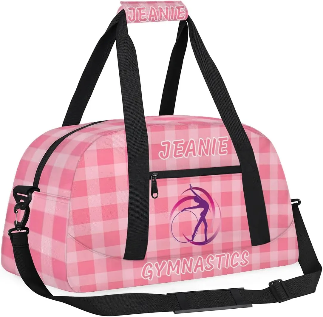 Personalize Kids Gym Duffel Bags with Custom Name & Text Gymnastics Sport Carry-On Garment Shoes Bags Gift for Girls Boys Teens Overnight Weekender Travel Pink Grid 2