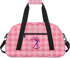 Personalize Kids Gym Duffel Bags with Custom Name & Text Gymnastics Sport Carry-On Garment Shoes Bags Gift for Girls Boys Teens Overnight Weekender Travel Pink Grid 2