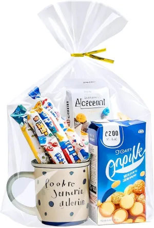PigPotParty 10"x 14", 100Pcs Bottom Gusset Bags, Clear Plastic Gift Bags, Cellophane Mug Treat Goodie Bags with 100x Twist Ties, Large Party Favor Packaging, Toy Wrapping (No Side Gusset)