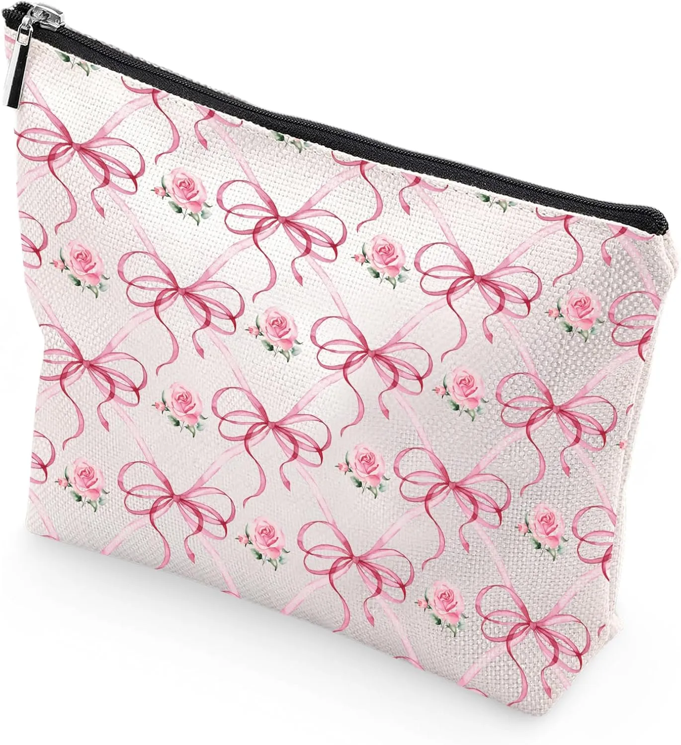 Pink Bow Gifts for Girls - Conquette Rose Flower Makeup Bags, Small Pouch for Travel Essentials, Cute Pink Bags for Woman Birthday Christmas Valentines Gifts