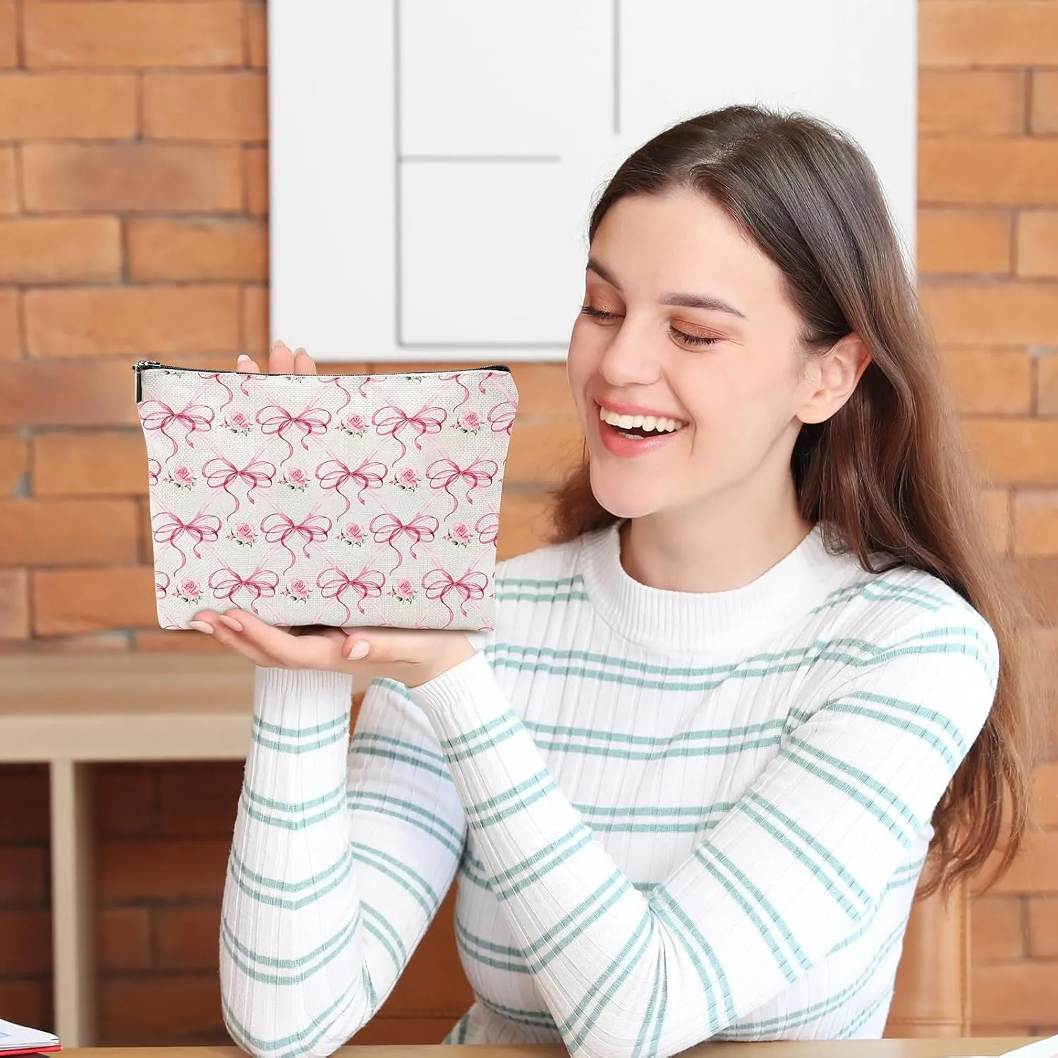 Pink Bow Gifts for Girls - Conquette Rose Flower Makeup Bags, Small Pouch for Travel Essentials, Cute Pink Bags for Woman Birthday Christmas Valentines Gifts
