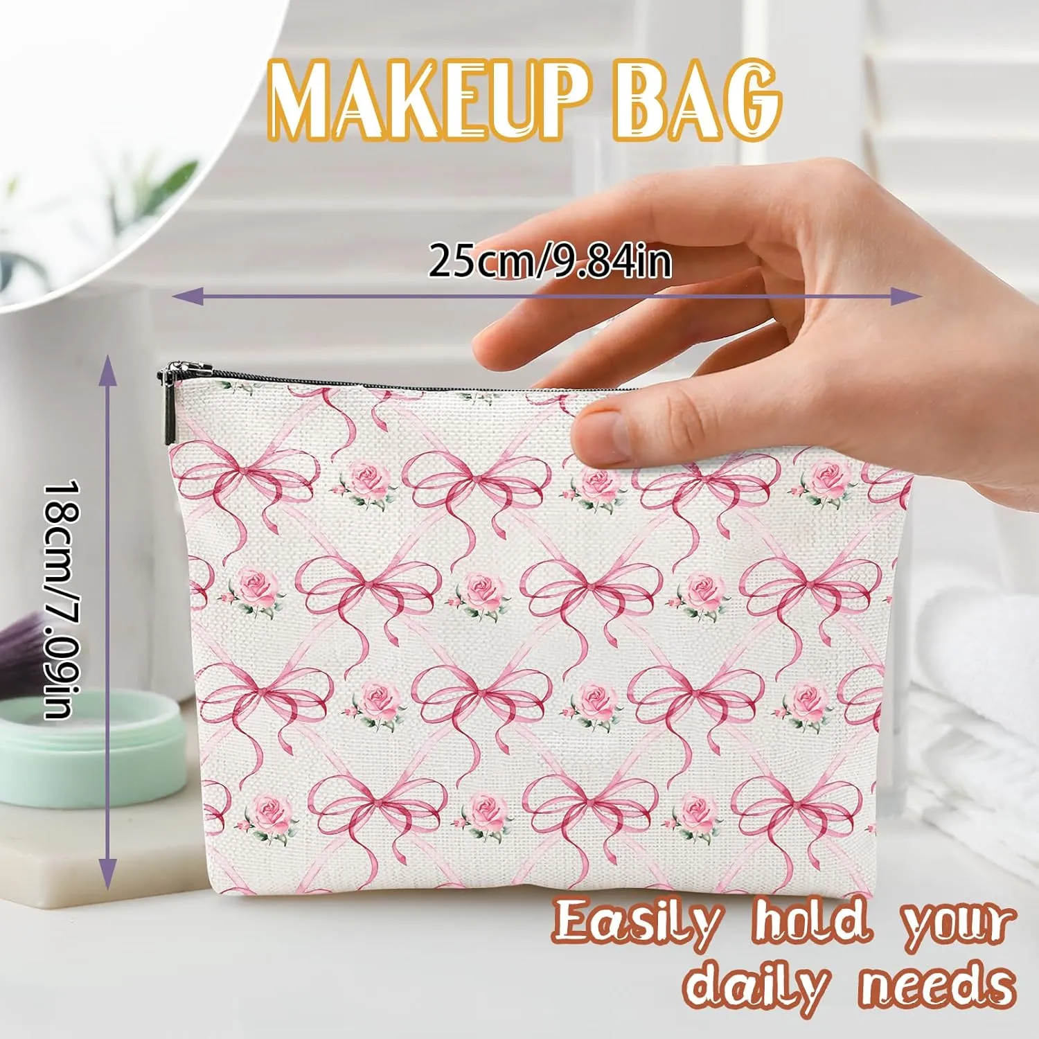 Pink Bow Gifts for Girls - Conquette Rose Flower Makeup Bags, Small Pouch for Travel Essentials, Cute Pink Bags for Woman Birthday Christmas Valentines Gifts