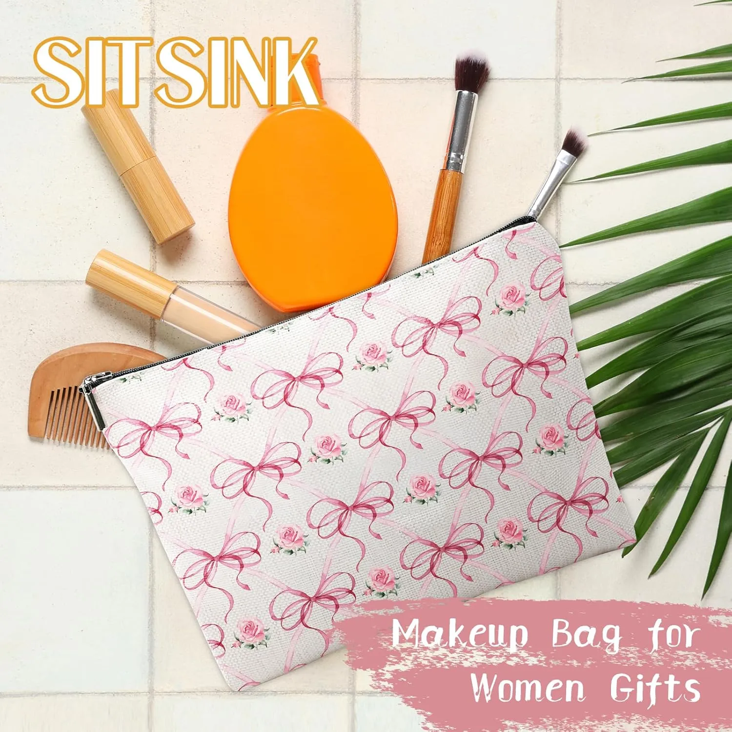 Pink Bow Gifts for Girls - Conquette Rose Flower Makeup Bags, Small Pouch for Travel Essentials, Cute Pink Bags for Woman Birthday Christmas Valentines Gifts