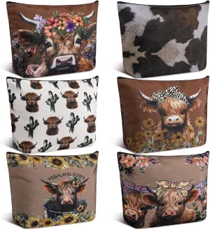 Pinkunn 6 Pcs Western Makeup Bags for Purse Highland Cow Print Cute Floral Canvas Zipper Pouch Western Gifts Cowgirl Gifts Bag for Women Teen Girls Travel Party