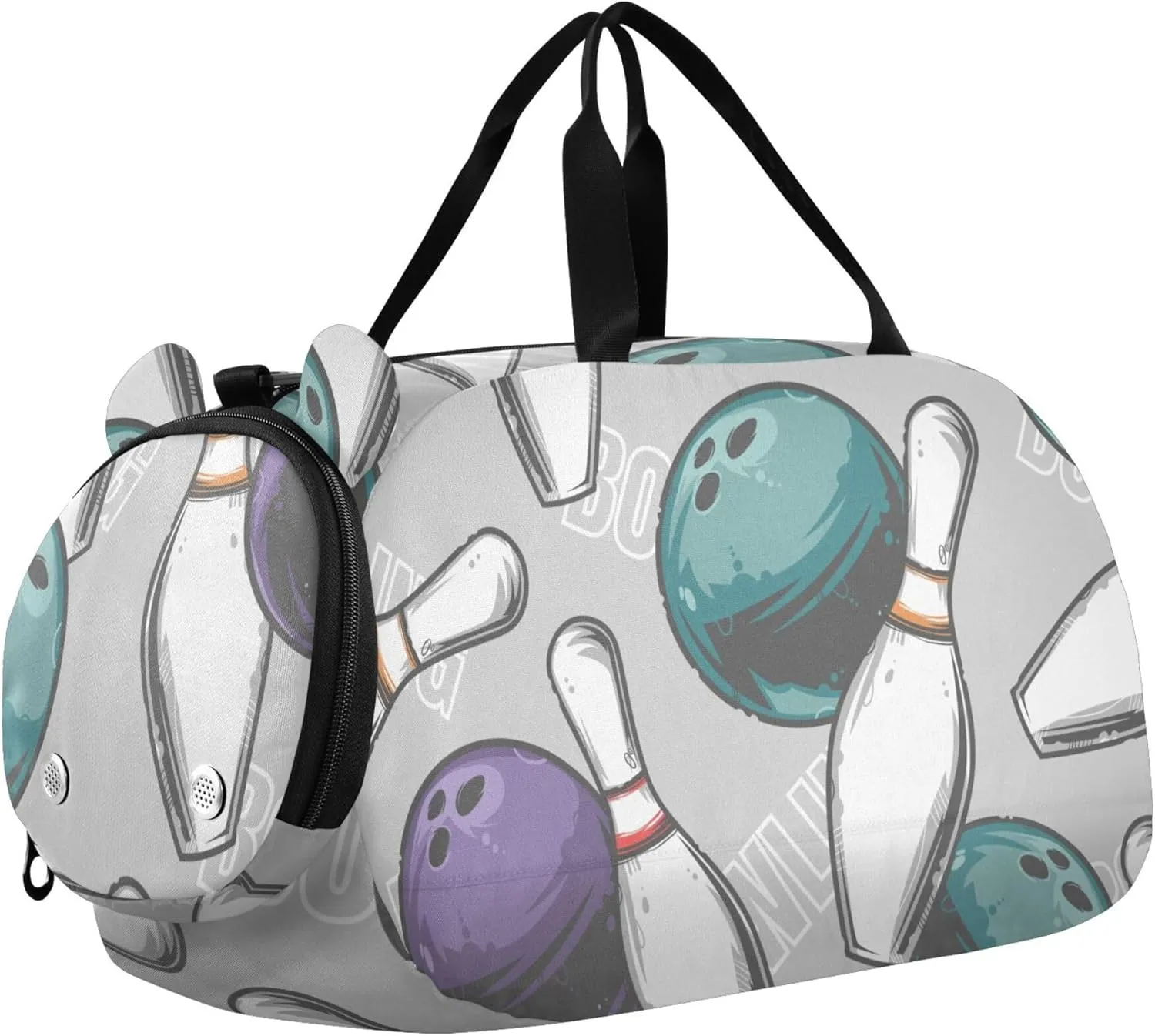 Pins and Bowling Balls Sports Duffle Bag for Girls Boys Kids, Gym Bag with Shoe Compartment, Kids Travel Overnight Weekender Shoulder Bag